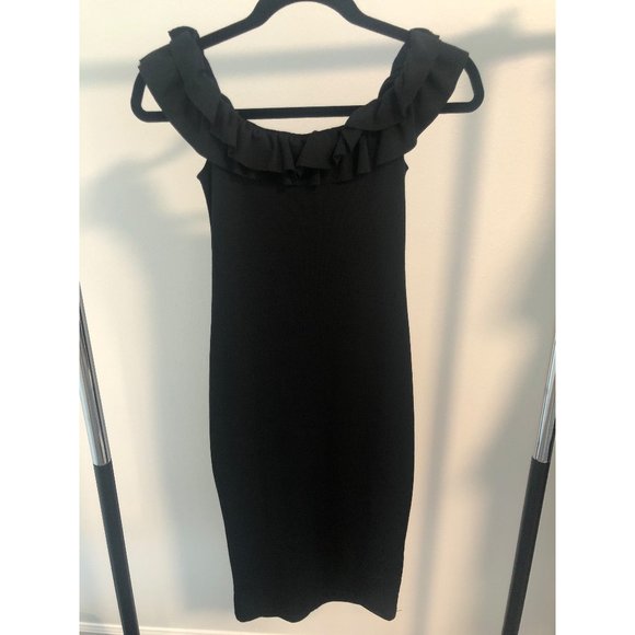NWOT ZARA BLACK OFF SHOULDER RUFFLE BODYCON DRESS - Picture 5 of 8